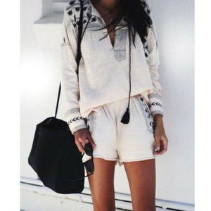 BOHEMIAN TRADERS Moonflower Embroidered Cotton Crepe High Waisted Shorts